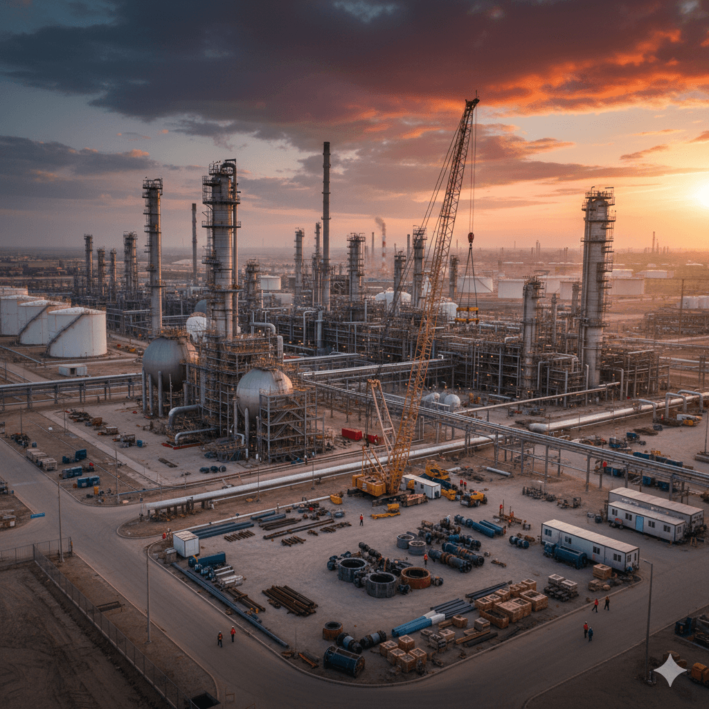 Oil and gas turnaround showing maintenance work zones, inbound materials and logistics activity.